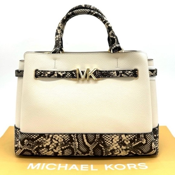 Michael Kors Reed Large Belted Satchel Crossbody Bag Light Cream Snakeskin - Picture 1 of 11